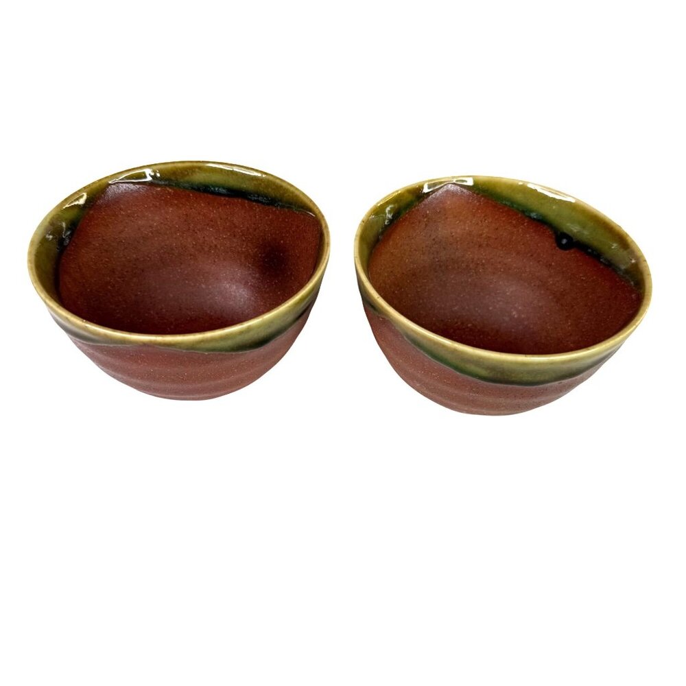 5 Hand Thrown Pottery Bowls Terracotta With Green Drip Glaze Edge Studio Art - Picture 3 of 11